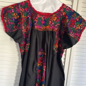 Oaxacan Multicolored Hand-Embroidered Black Cotton Midi Dress Size S/M